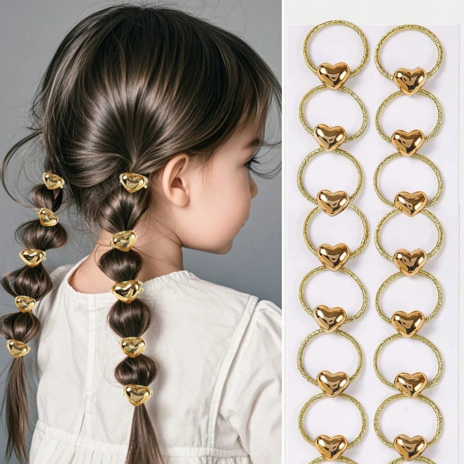 Wrap Ring Gold - 10個入りゴールドハートヘアリングセット キラキラ輝く編み込みヘアアクセサリー 可愛いメタリックヘアバンド 女の子用