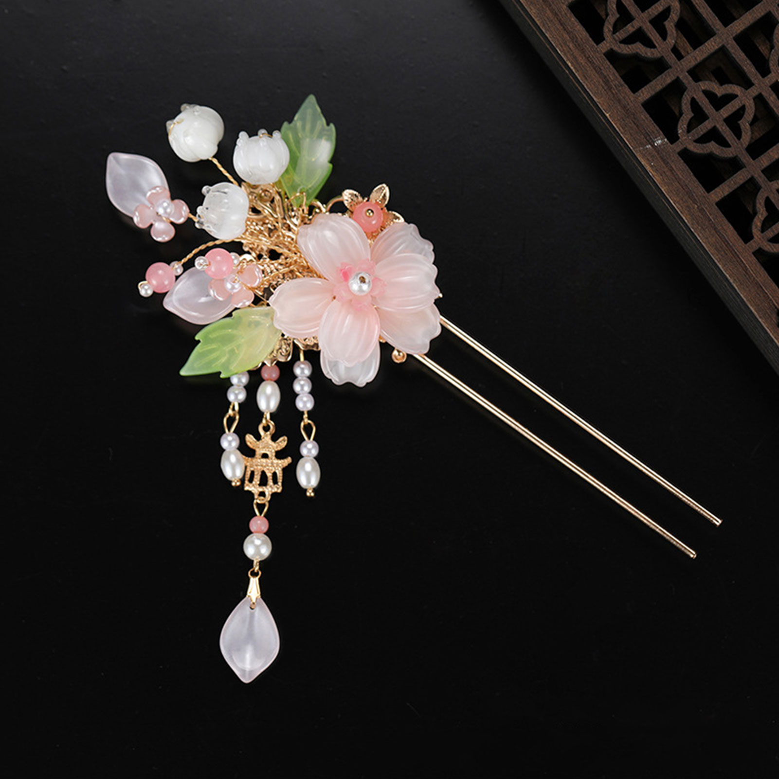 Pearl Hair Pin - エレガントなピンクの花のヘアピンレトロ中国風 U 字型ヘアスティックフォーク真珠ペンダントヘアクリップ女性アップヘアジュエリー