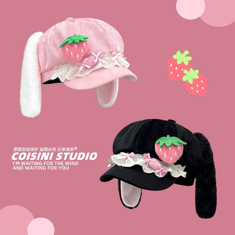 Women'S Ear Accessories - 秋冬暖かい多用途ニッチニュースボーイハット女性かわいいイチゴパッチ甘いレースリボンデザイン豪華なウサギの耳ベレー帽 Y2K