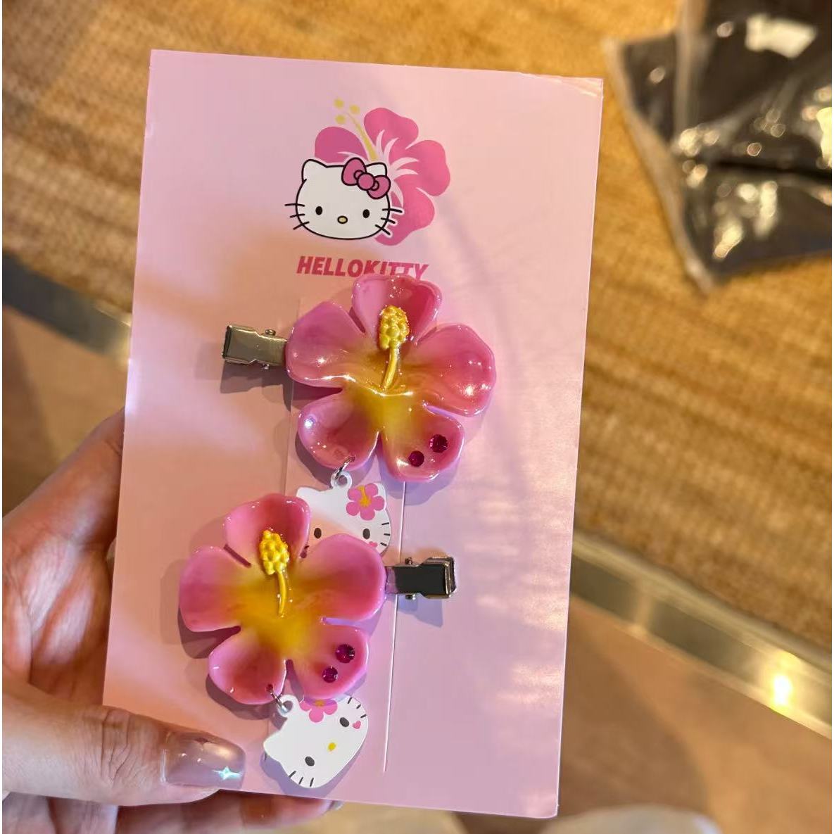 Women Accessories On Sale - かわいいサンリオハローキティフラワーヘアクリップセットピンクハイビスカスヘアピン甘い夏のヘアアクセサリー女性女の子用
