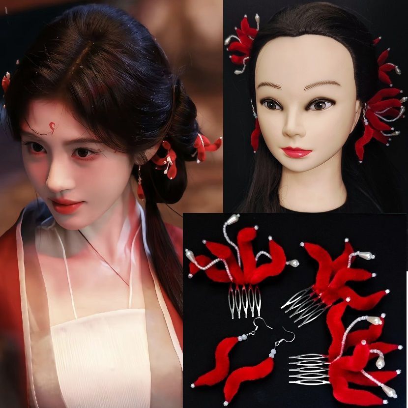 Women Accessories Store - Yuelin Qiji、Ju Jingyi、Luwuyiと同じスタイルのヘアアクセサリー、新年の赤いぬいぐるみヘッドオーナメント、古代風のヘアコーム