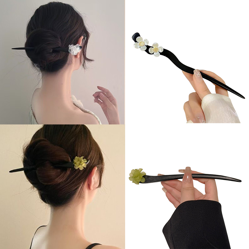 Pearl Hair Pin - ヴィンテージ中国風の木製花ヘアスティックパールヘアピンジュエリー女性のための気質ヘアアクセサリーウェディングスタイリング gif
