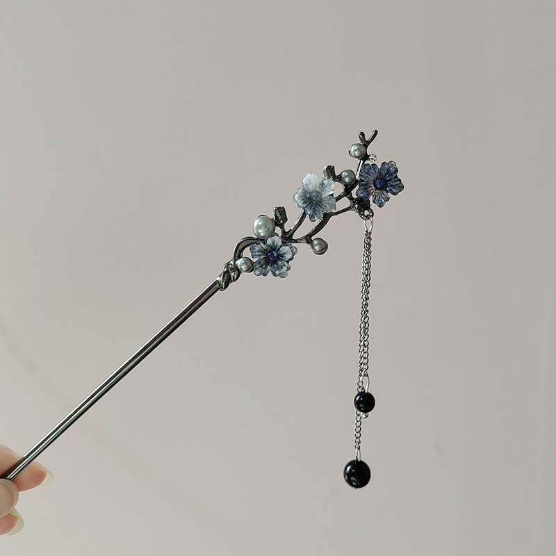 Pearl Hair Pin - クラシックヘアスティック箸インクカラーフラワーメタルフリンジヘアピン女性用パールブラックビーズチャイナヘアバンジュエリーギフト