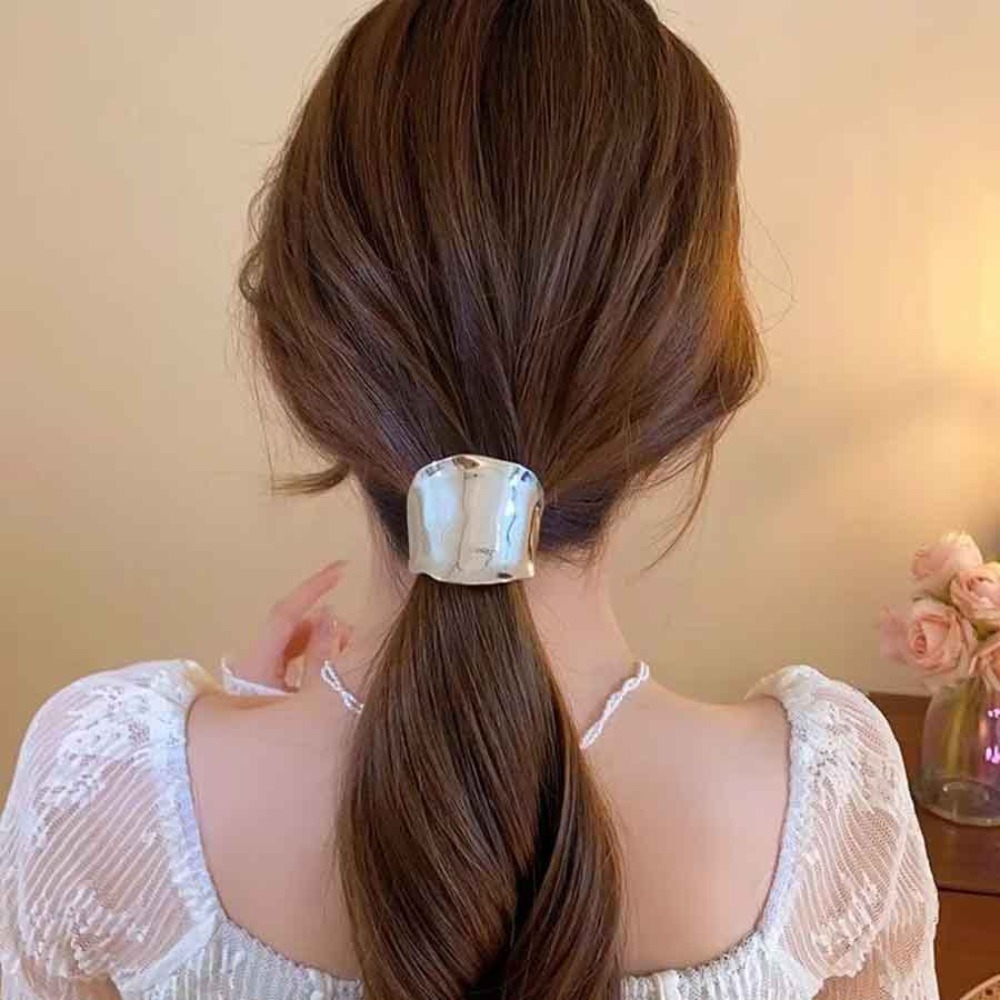 女性のシンプルなゴールド/シルバー不規則な金属弾性ポニーテー - Wrap Ring Gold のレビューと価格