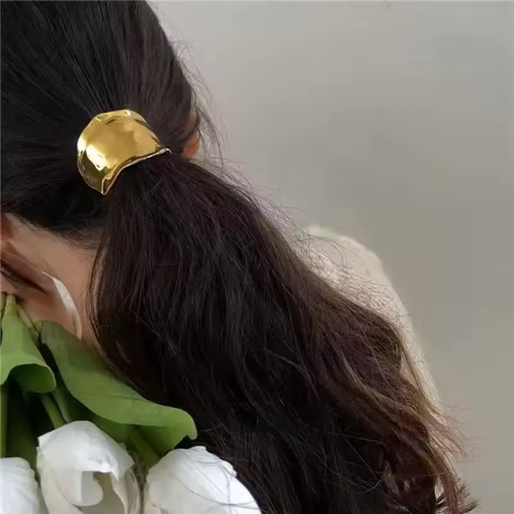 女性のシンプルなゴールド/シルバー不規則な金属弾性ポニーテー - Wrap Ring Gold のレビューと価格