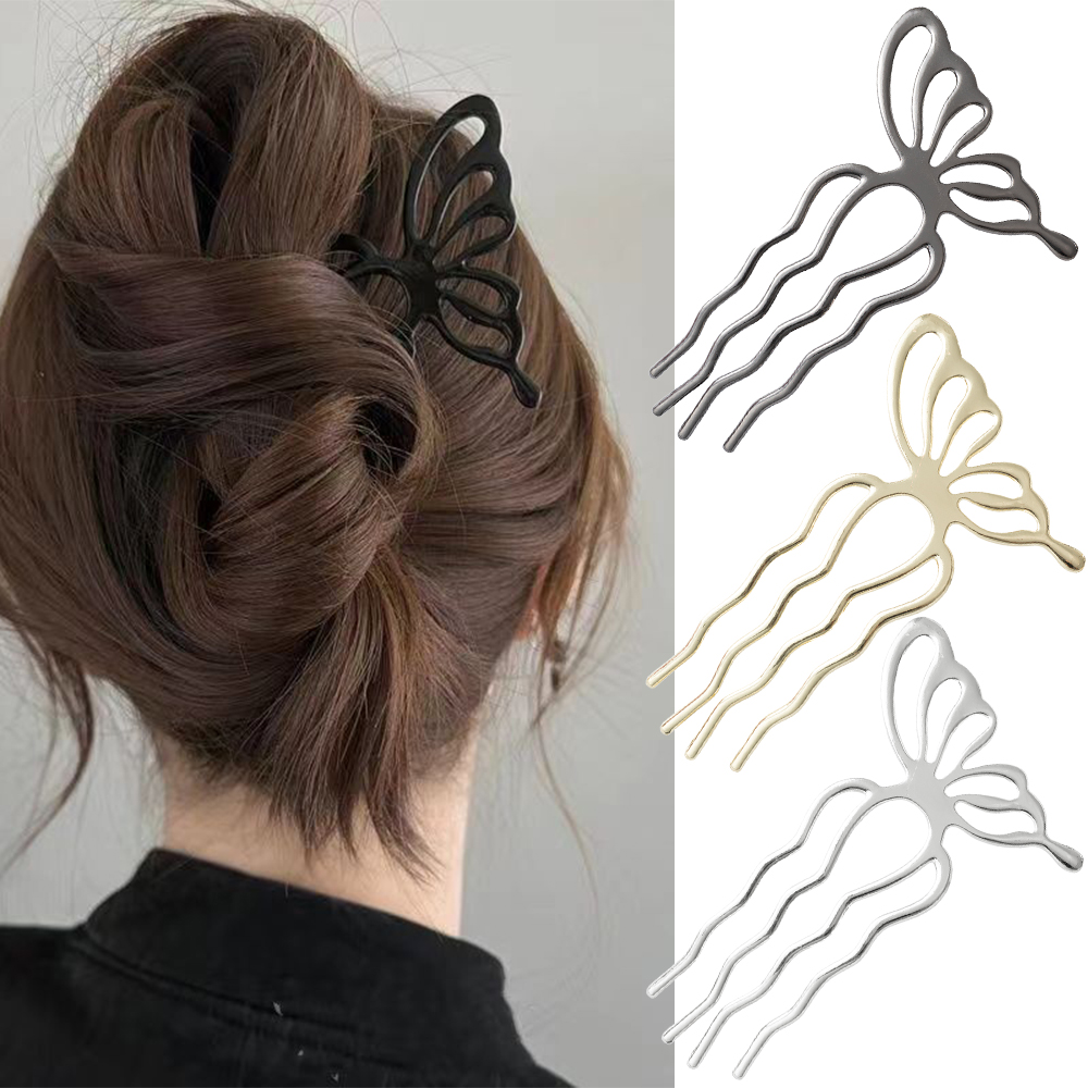 韓国蝶 U 字型ヘアスティックおだんごヘアコームクリップ金属 - Women Accessories On Sale のレビューと価格