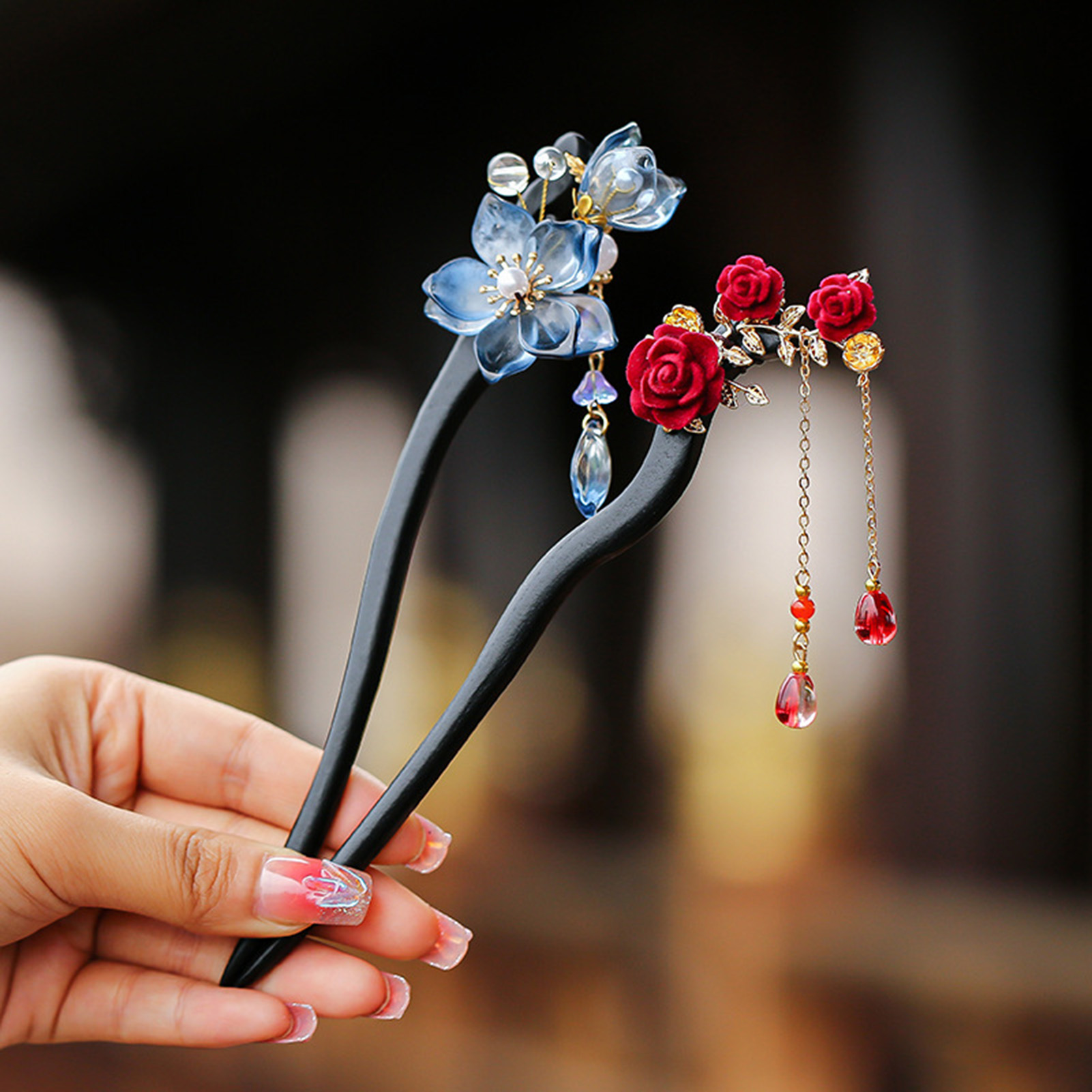 中国風の花のタッセルヘアピンヴィンテージ木製花柄パールヘアス - Pearl Hair Pin のレビューと価格