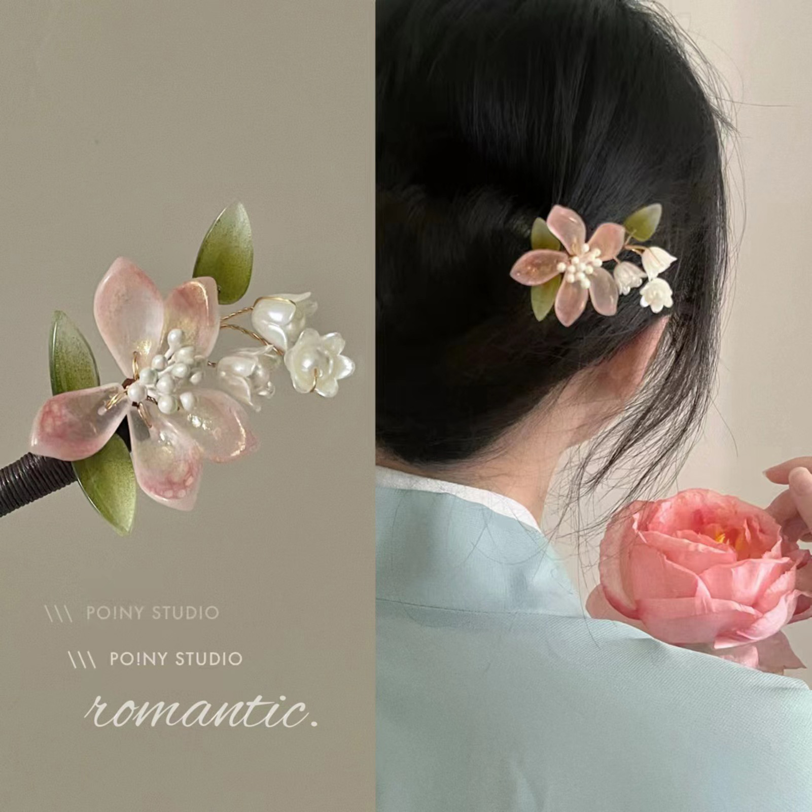 中国風の花のタッセルヘアピンヴィンテージ木製花柄パールヘアス - Pearl Hair Pin のレビューと価格