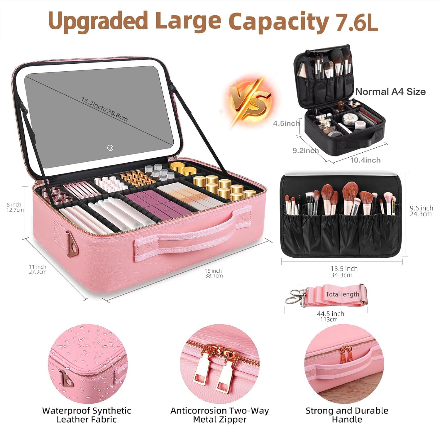 大容量メイクアップバッグ 15インチ×11インチ LEDミラ - Women Accessories Organizer のレビューと価格